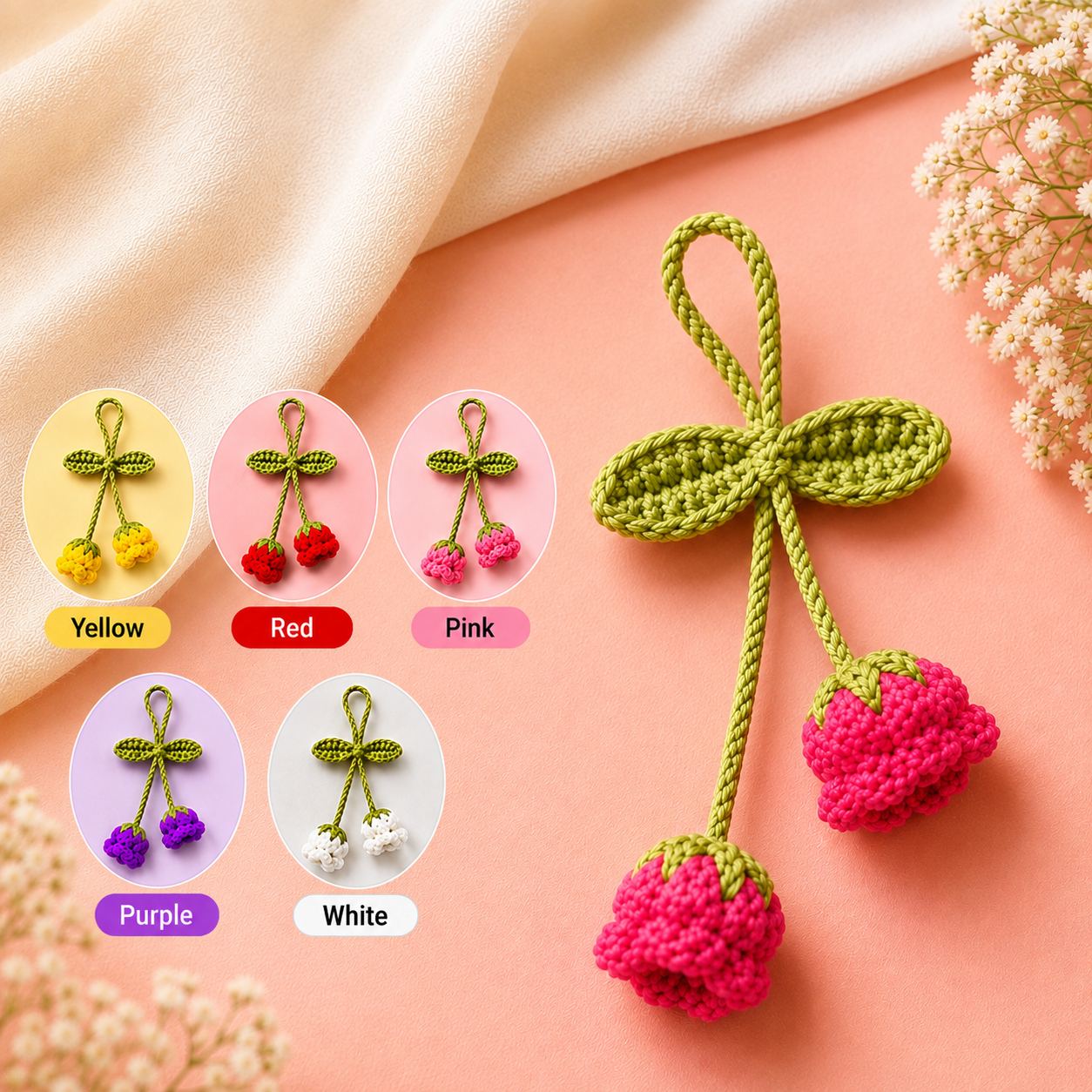 Elvira handmade crochet cherry keychain